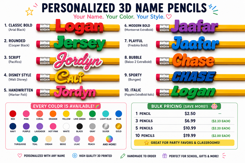 A promotional graphic for personalized 3D name pencils showing ten different pencil styles with example names like Logan, Jordan, and Chase, plus a color options chart and pricing information.