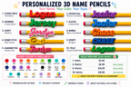 A promotional graphic for personalized 3D name pencils showing ten different pencil styles with example names like Logan, Jordan, and Chase, plus a color options chart and pricing information.